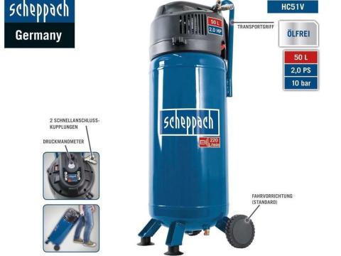 Vertikális száraz kompresszor - Scheppach HC 51 V - Új generációs 10 bar 50 liter 1500 watt 2.0 Le