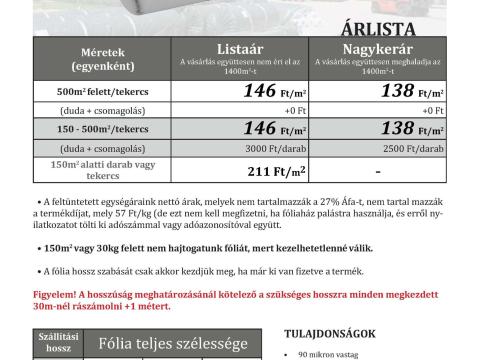 Hosszméretre vágott 90 mikronos belső fólia,  thermó,  cseppmentes