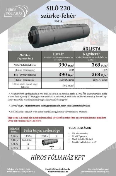 Silófólia szürke-fehér,  230 mikron,  7-8 év élettartam,  72 hónap UV-garancia,  méretre szabott