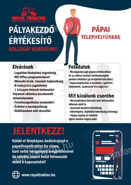 Pályakezdő gépértékesítő mezőgazdasági területre (Pápa)