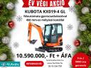 Kubota KX019-4 GL típusú zárt kezelőfülkés gumilánctalpas minikotró