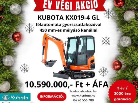 Kubota KX019-4 GL típusú zárt kezelőfülkés gumilánctalpas minikotró Kubota KX019-4 GL típusú zárt kezelőfülkés gumilánctalpas minikotró