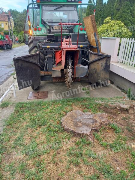 Tuskómarás Valtra T-190 traktorral Greentec Piranha professzionális, nagyteljesítményű tuskómaróval bérelhető