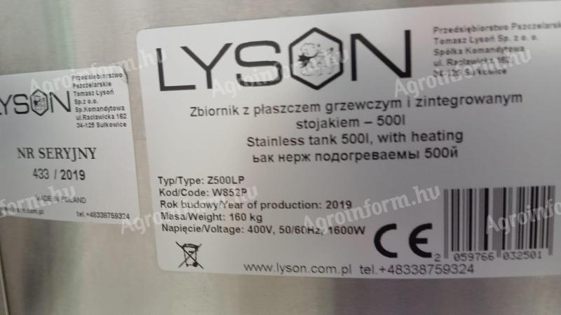 Eladó: Rozsdamentes acéltartály mézhez – fűtéssel és keverőcsigával – 500 l – LYSON W852MP
