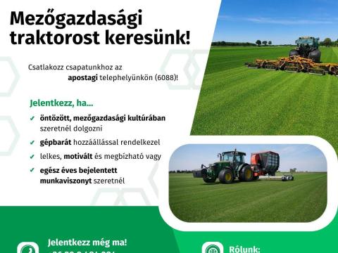 Mezőgazdasági traktorost, gépkezelőt keresünk Mezőgazdasági traktorost, gépkezelőt keresünk