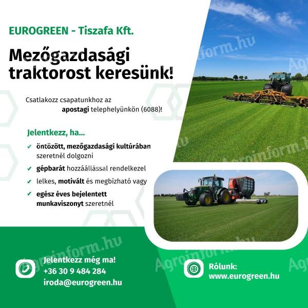 Mezőgazdasági traktorost, gépkezelőt keresünk