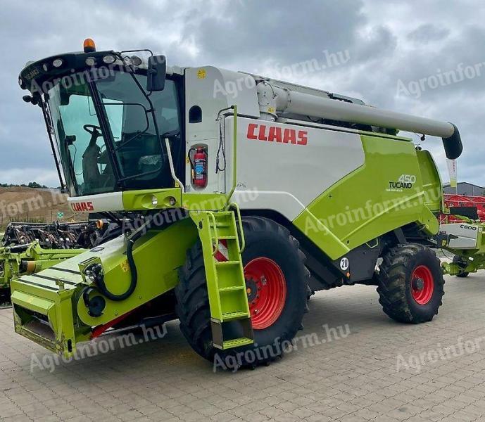 CLAAS TUCANO 450 APS kombájn vágóasztallal és szállítókocsival