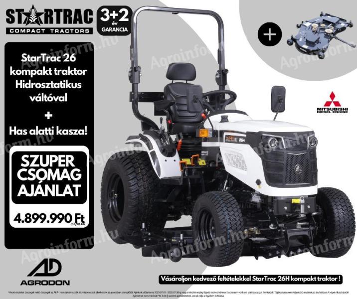 StarTrac 26 kompakt traktor hidrosztatikus váltóval, has alatti kaszával, 3+2 év garanciával