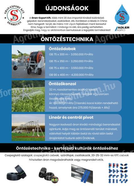 Gran_Export Kft. Öntözéstechnika,  Öntöző dobok,  Öntöző konzolok,  Líneár és centrál pivot,  Generátorok,  kamerák