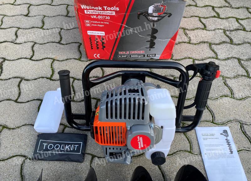 Földfúró, talajfúró 73 cm³ / 6,3 LE gödörfúró + 100, 150, 200 mm-es fúrószárak, 50 cm toldószár – Welnek Tools VK-00730