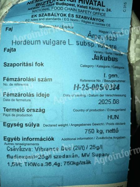 Jakubus árpa vetőmag 750 kg fémzárolt