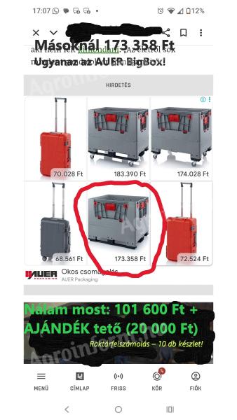 Új,  német AUER BigBox ipari műanyag tárolóláda eladó. 120×80×100 cm,  Euro raklap méret,  összehajtható,  rakatolható kivitel