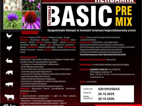 Herbamix Basic 10 kg premix nagyüzemi sertéstelepek és nyúltelepek számára,  választáskori hasmenés ZnO- és kolisztinmentes megelőzésére,  valamint a hízóállatok gyors testtömeggyarapodásához