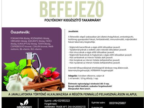 Herbamix Befejező 5 literes oldat a véghízlalási szakaszban a testtömeg-gyarapodás fokozására és a tömési szakaszban a ráhízás növelésére fejlesztett gyógynövényes készítmény