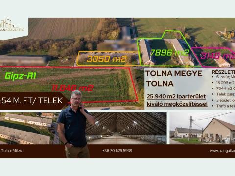Tolna-Mözs iparterület 25.940 m2 (Gipz-R1 és Gksz-R2) és 2db*850 m2 (összesen 1700 m2 alapterületű istálló/tároló