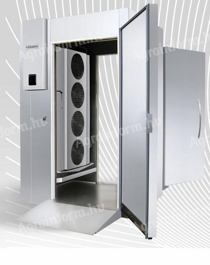 Pékségi élelmiszergyártó sokkoló/fagyasztó kamra külső aggregáttal, 20xGN1/1 kocsi (2 db fér bele), hűs-pékség