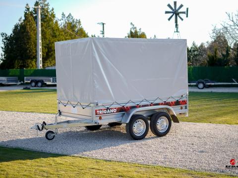 Új Trigano 2P265 (265 x 150 x 39 cm) utánfutó 4 év műszakival, forgalomba helyezve, rendszámmal, névre írva + 145 cm (oldalfal + 110 cm ponyvaváz) rakodó magasságú ponyvával: bruttó 887.000 Ft