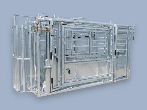 Univerzális szarvasmarha kezelőkaloda nyakbefogóval, hátsó belépővel és zsilipajtóval