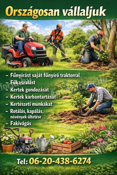 Kertek karbantartása, fűnyírás, fakivágás, kertépítés országosan