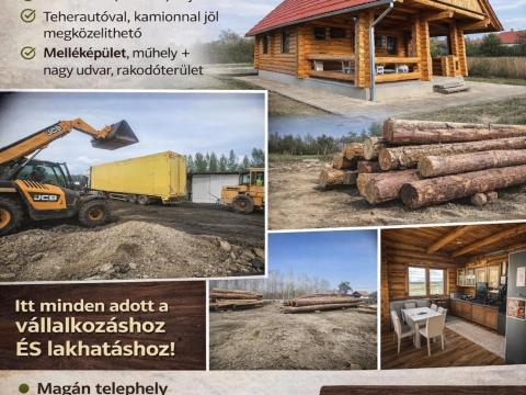 1 hektáros telephely ipari árammal, körbekerítve, lakhatással – új rönkházzal