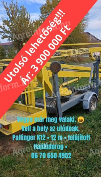 Egyszeri ajánlat: Bison Palfinger K12 utánfutóra szerelt kosaras emelőgép felújított állapotban