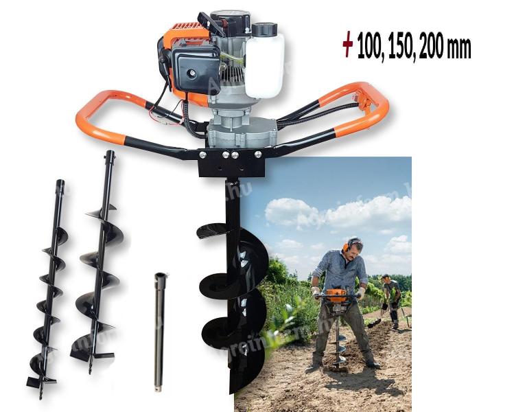 Földfúró, talajfúró 52 cm³ / 5.2 Le gödörfúró, 1 vagy 2 felhasználós + 100, 150, 200 mm-es fúró " Boxer BX-121 "