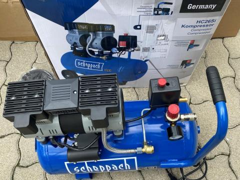 Kompresszor, ultracsendes, 2 hengeres, 1,1 kW motorral - Scheppach HC26SI, szárazkompresszor 24 l, 8 bar Kompresszor, ultracsendes, 2 hengeres, 1,1 kW motorral - Scheppach HC26SI, szárazkompresszor 24 l, 8 bar