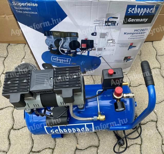 Kompresszor, ultracsendes, 2 hengeres, 1,1 kW motorral - Scheppach HC26SI, Szárazkompresszot 24 L, 8 bar