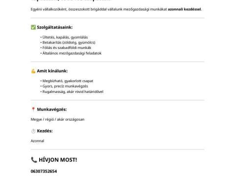 Mezőgazdasági munka egyéni vállalkozónak