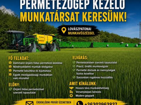 Permetezőgép kezelő munkatársat keresünk Permetezőgép kezelő munkatársat keresünk