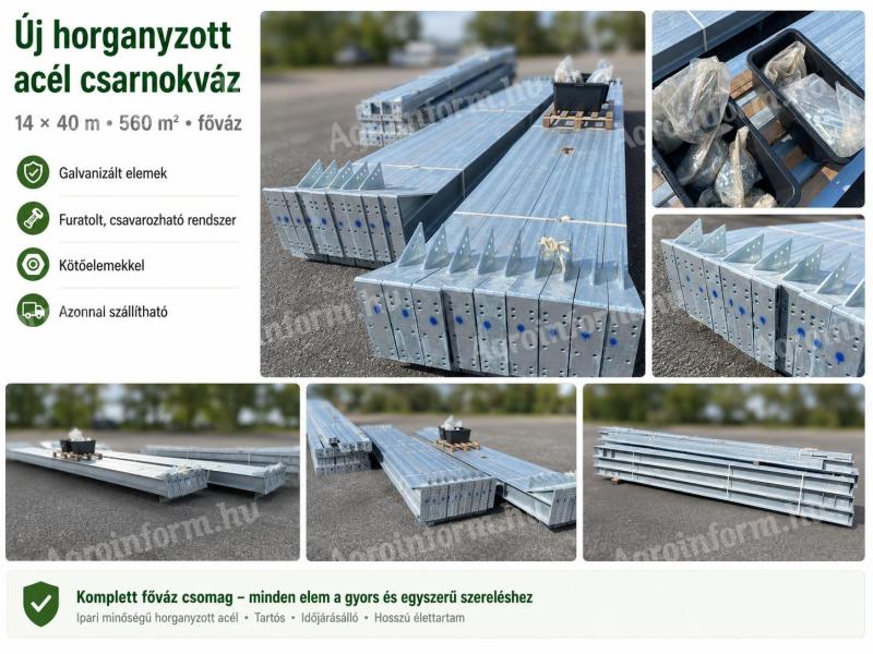 Új horganyzott acél csarnokváz eladó – 14×40×5 m - 560 m²