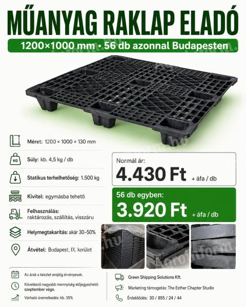 Műanyag raklap eladó – 1200×1000 mm – 56 db azonnal Budapesten - 30 855 - 2444 Új paletta
