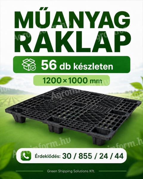 Fekete műanyag raklap / export raklap eladó – 1200×1000 mm – 1.500 kg statikus terhelhetőség – 56 db