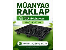 Fekete műanyag raklap / export raklap eladó – 1200×1000 mm – 1.500 kg statikus terhelhetőség – 56 db