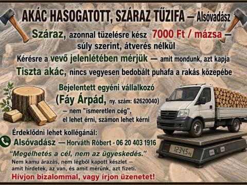 Akác hasogatott, száraz tűzifa — Alsóvadász