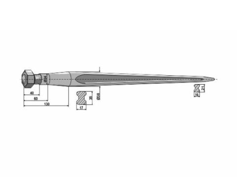 Homlokrakodó tüske, bálatüske L=800, D38, M22x1,5 Homlokrakodó tüske, bálatüske L=800, D38, M22x1,5