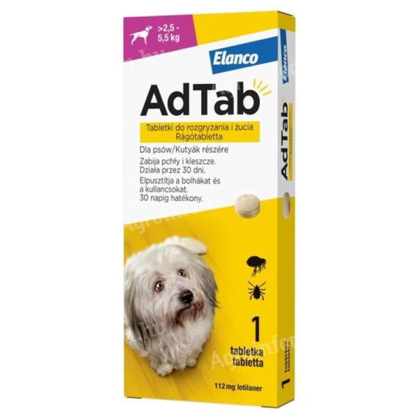 AdTab rágótabletta kis testű kutyáknak (>2,5-5,5 kg) 112mg