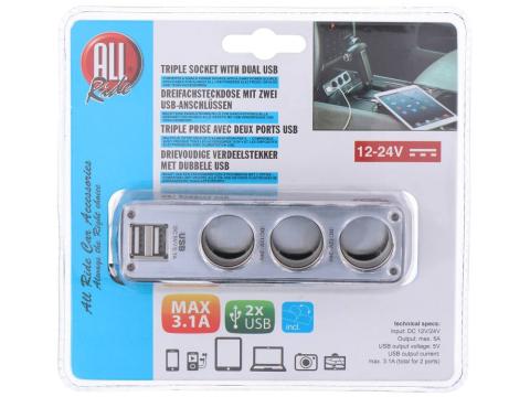 3-as szivargyújtó elosztó 2 USB kimenettel 3-as szivargyújtó elosztó 2 USB kimenettel