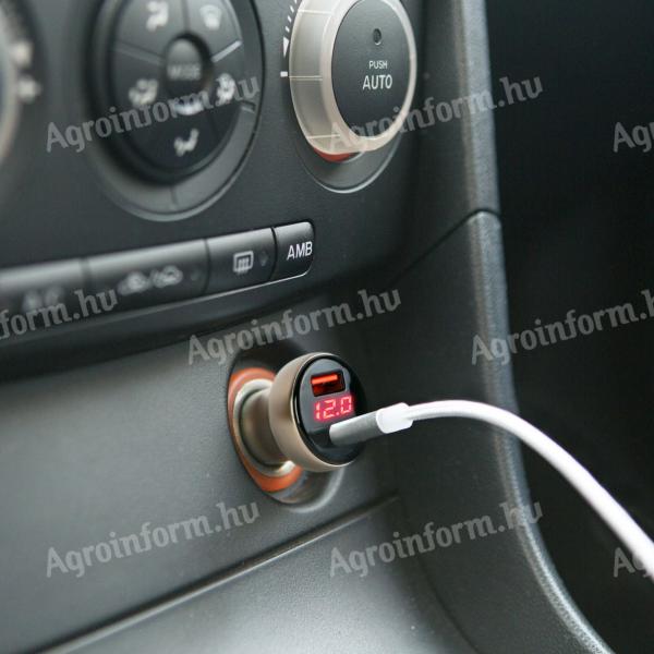 Szivargyújtó töltő USB-A, Type-C gyorstöltő feszültségkijelzővel