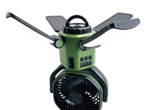 Napelemes ventilátor 6000 mAh akkumulátorral, LED világítással és Power Bank funkcióval Napelemes ventilátor 6000 mAh akkumulátorral, LED világítással és Power Bank funkcióval