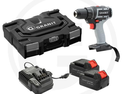 7306010 GRANIT BLACK EDITION Akkus fúró-csavarozó készlet - 2 db 18 V 4,0 Ah lítiumion-akkumulátort és 1 db akkumulátortöltőt tartalmaz