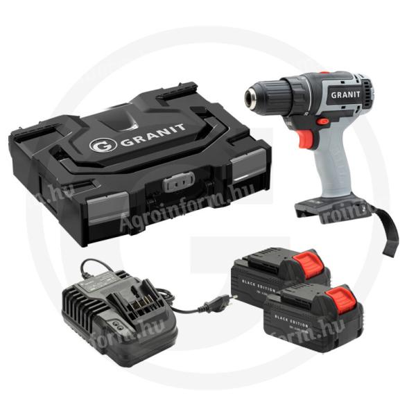7306010 GRANIT BLACK EDITION Akkus fúró-csavarozó készlet - 2 db 18 V 4,0 Ah lítiumion-akkumulátort és 1 db akkumulátortöltőt tartalmaz