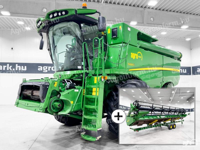 John Deere S680i (1597/2293 üzemórás) rotoros kombájn, 9,1 m 630R asztal + kocsi + repcetoldat, ProDrive, GoodYear széles gumik