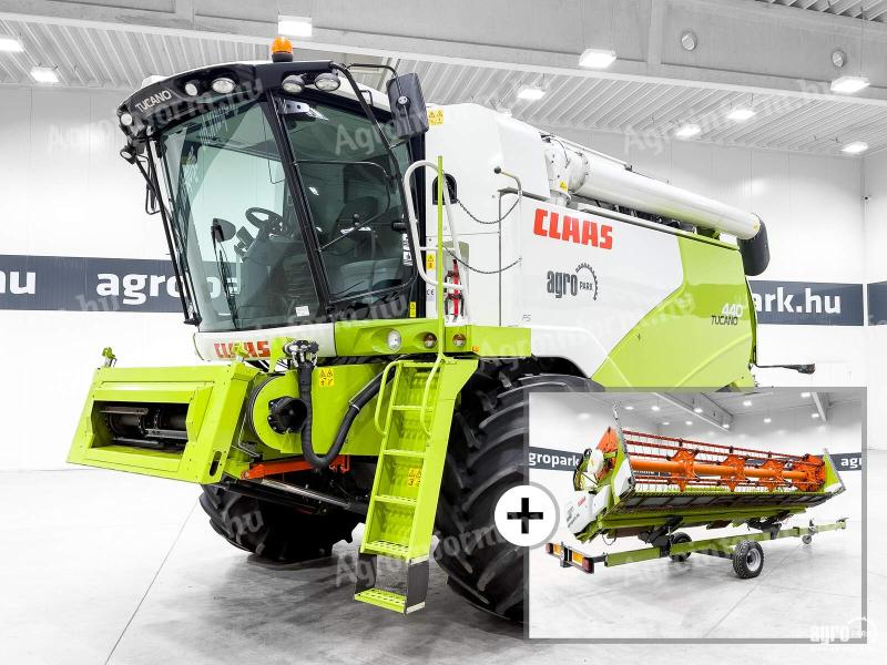 Claas Tucano 440 APS (1564/2135 üzemórás) kombájn, 6 ládás, 6,2m asztal+kocsi, repcekaszák, doblassító, széles gumizás