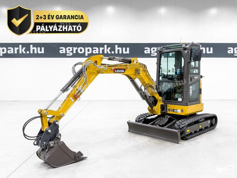 BÉRELHETŐ - ÚJ Lovol FR26F-u minikotró, forgókotró, 2+3 év garancia, japán motor és hajtás, zéró far kilengéses
