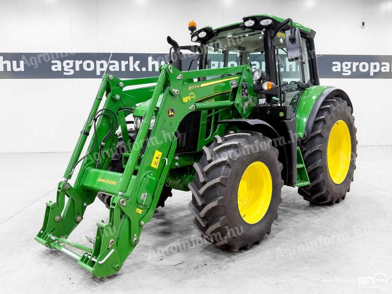 John Deere 6100M (4793 üzemórás) traktor, AutoQuad váltó, JD 603M homlokrakodó, légfék