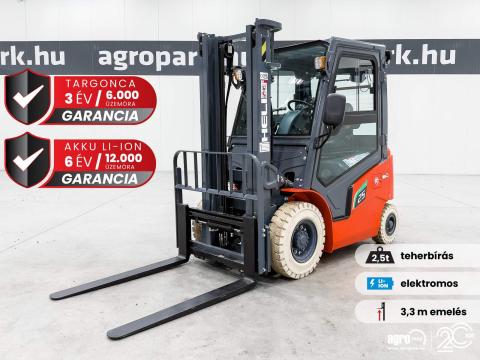BÉRELHETŐ - ÚJ HELI G2-M 2,5 tonnás Li-ion elektromos targonca 3,3 méteres emeléssel