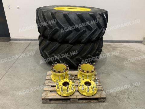 650/85R38 csőtoldós ikerkerék szett John Deere 7R, 8R, 9R traktorokhoz. 650/85R38-as Michelin MachXBib gumizással, felszereléshez szükséges kiegészítőkkel