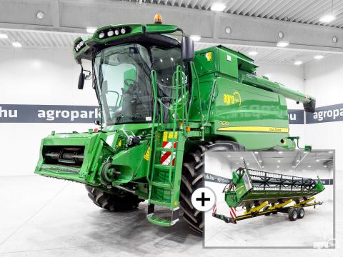 John Deere T670 (1564/2463 üzemóra) 6 ládás, 7,6 m 625R vágóasztal, szállítókocsi, repcetoldat 2 kaszával, doblassító, IF800/70R32 Good Year gumizás, kamerák