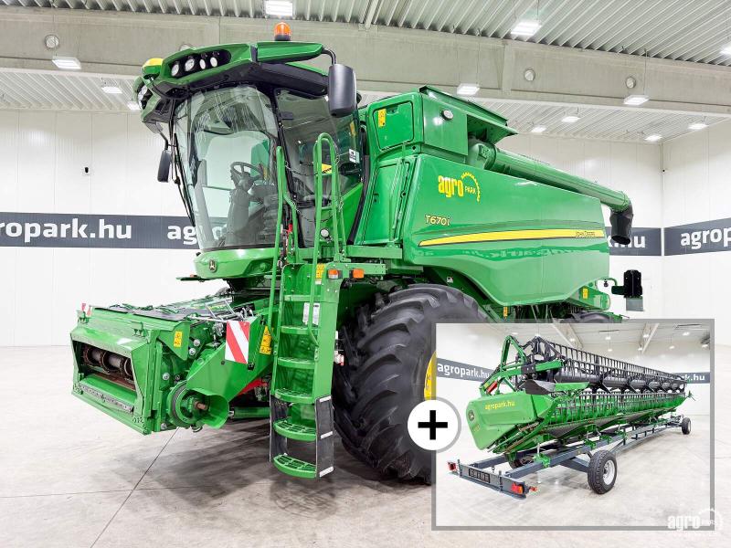 John Deere T670i (665/1181 üzemóra) 6 ládás, 9,15 m 630X Vario vágóasztal, szállítókocsi, repcekaszák, full AutoTrac, doblassító, kukorica készlet, ProDrive, 900/60R32